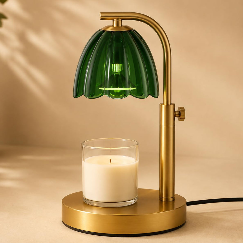 Scalloped Glass Candle Warmer Lamp with Timer, Dimmable, Adjustable Height, Gold Metal, Green K398639