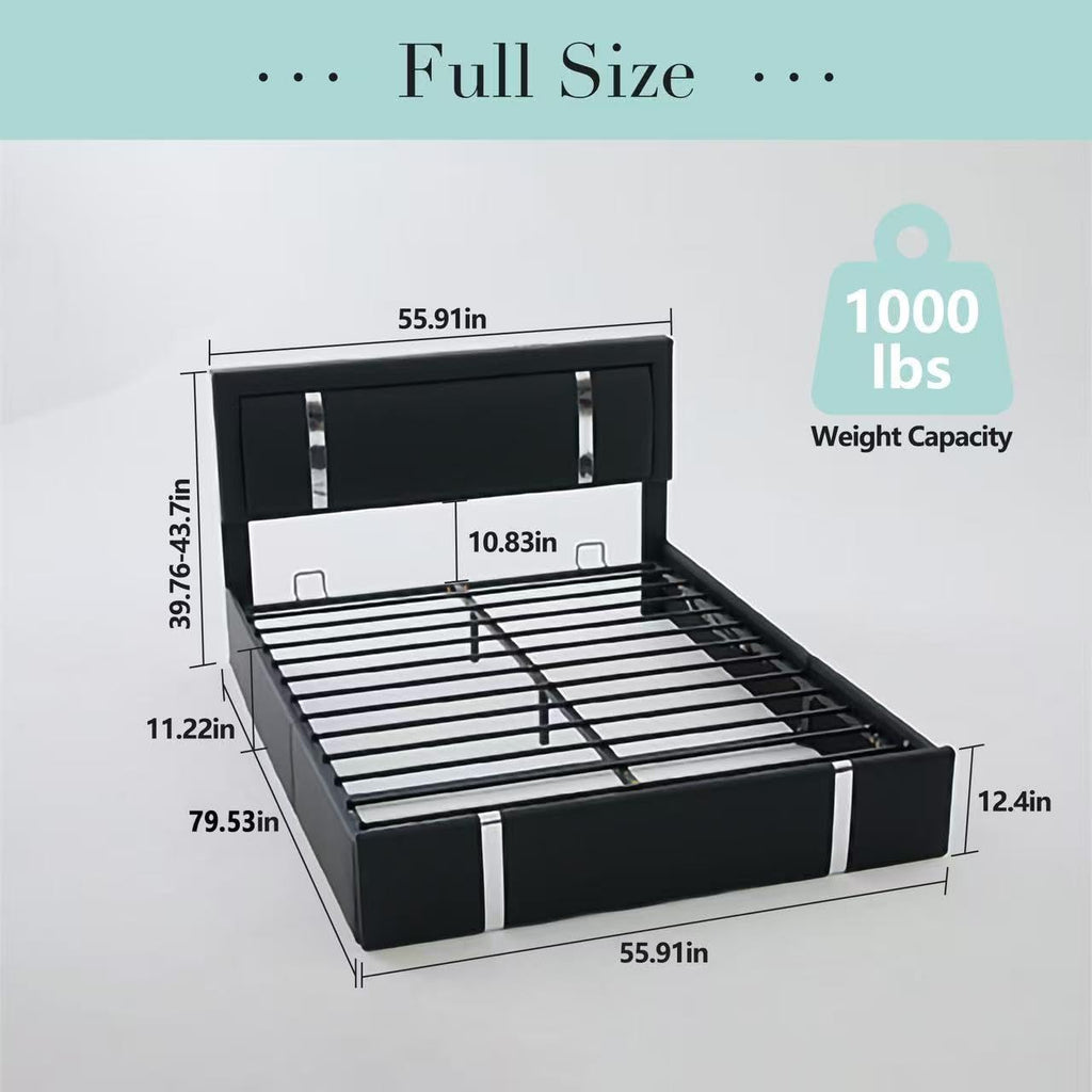 Black Faux Leather Upholstered Full Size Bed Frame with LED Headboard and USB Ports N720