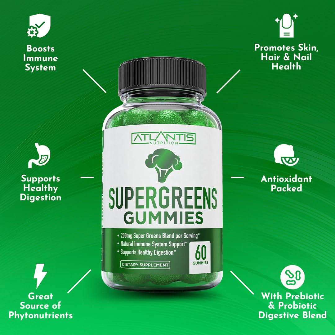 Supergreens Gummies Supplement with Spinach, Broccoli, Moringa, Beet Root, Celery, Green Tea, & Acai, Natural Raspberry Flavor, 60 cnt E246999