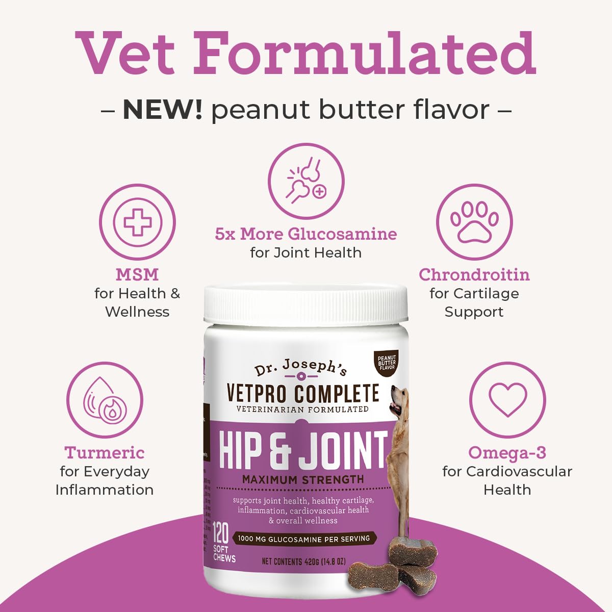 Glucosamine & Chondroitin Dog Joint Supplement Chews, Peanut Butter, 120 Ct I3905