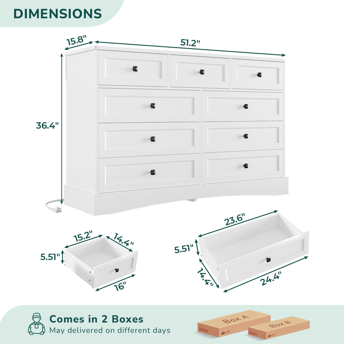 White 9 Drawer Wood Dresser with Charging Station D434172