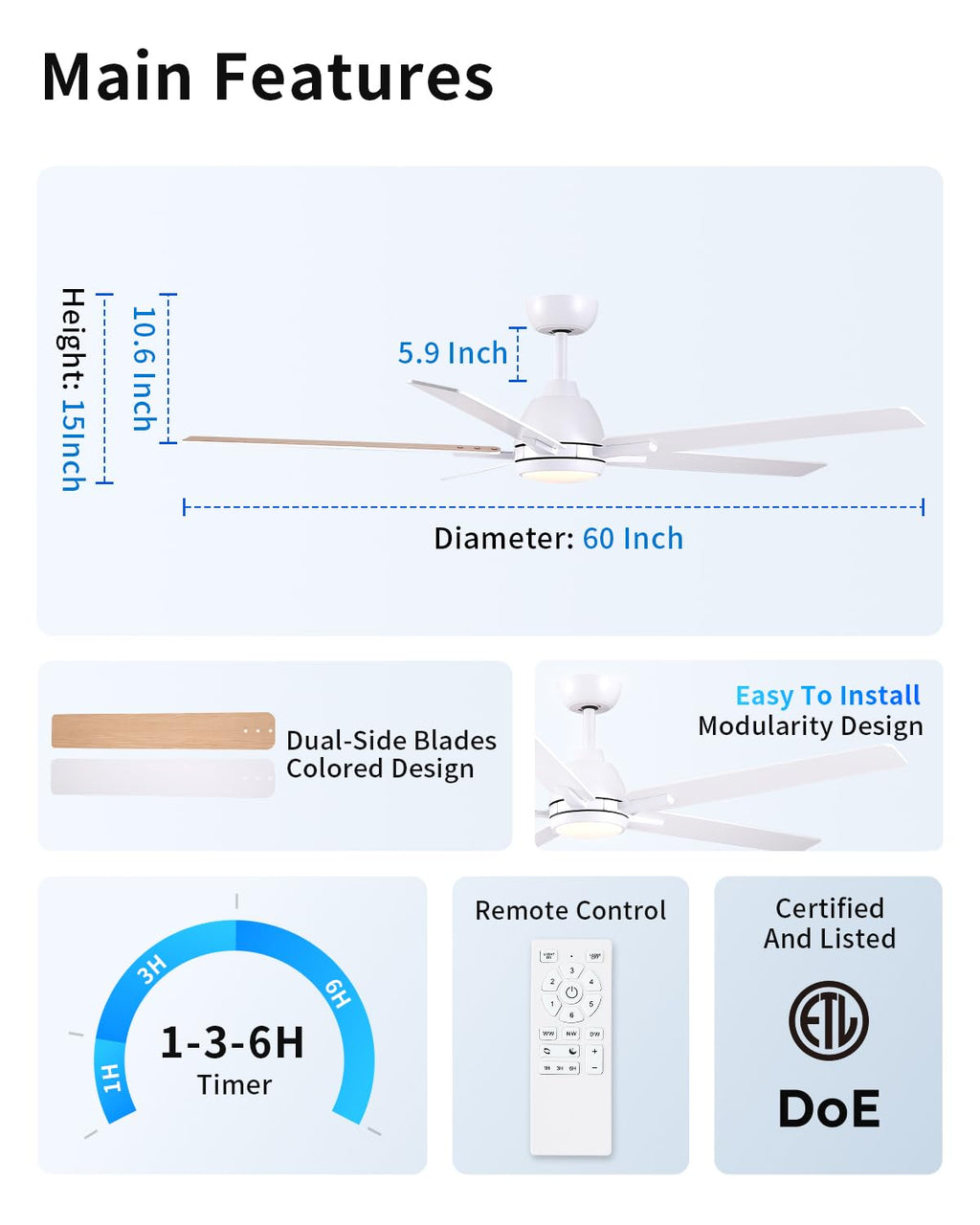 60 Inch White Ceiling Fan with Light & Remote S516
