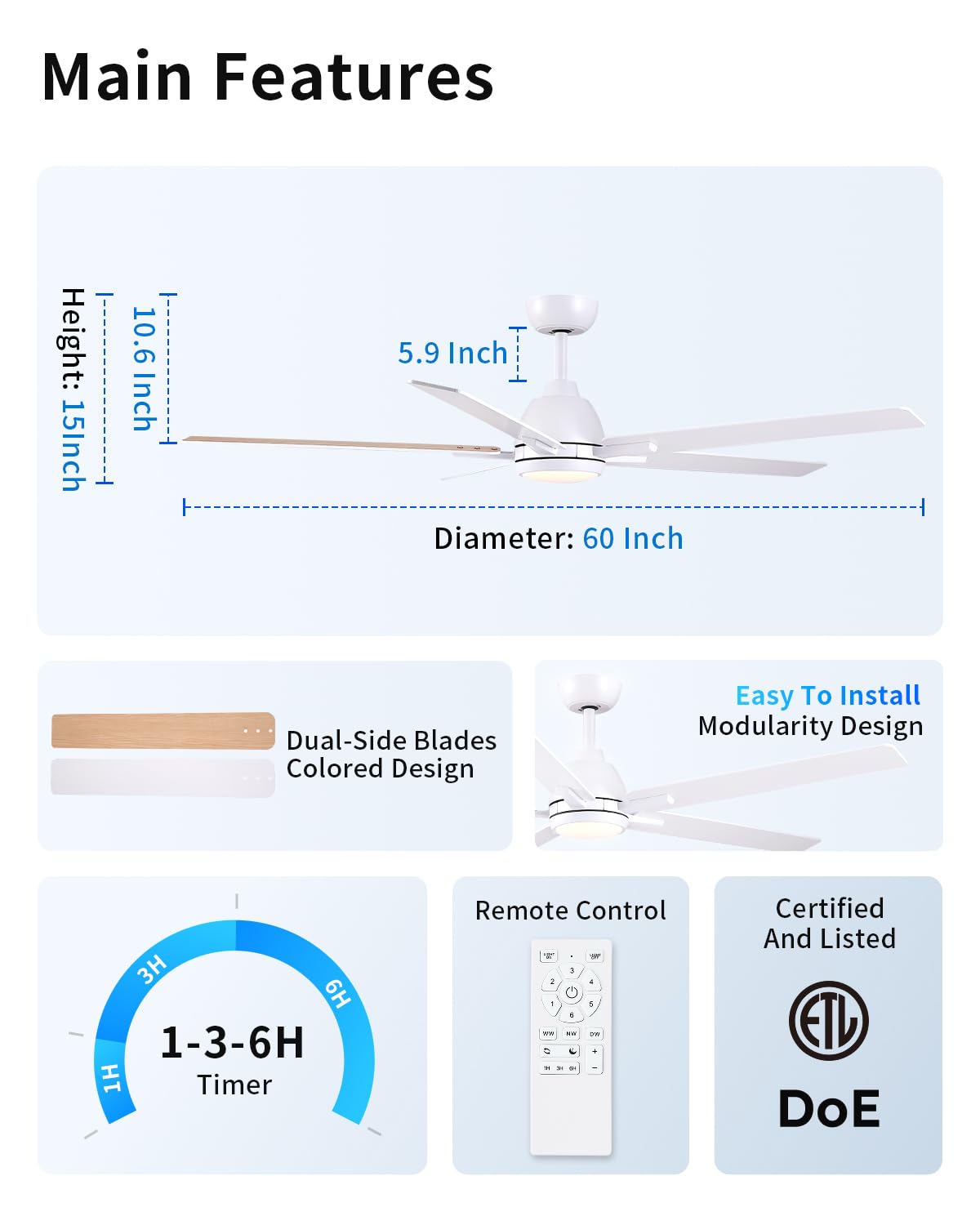 60 Inch White Ceiling Fan with Light & Remote S516