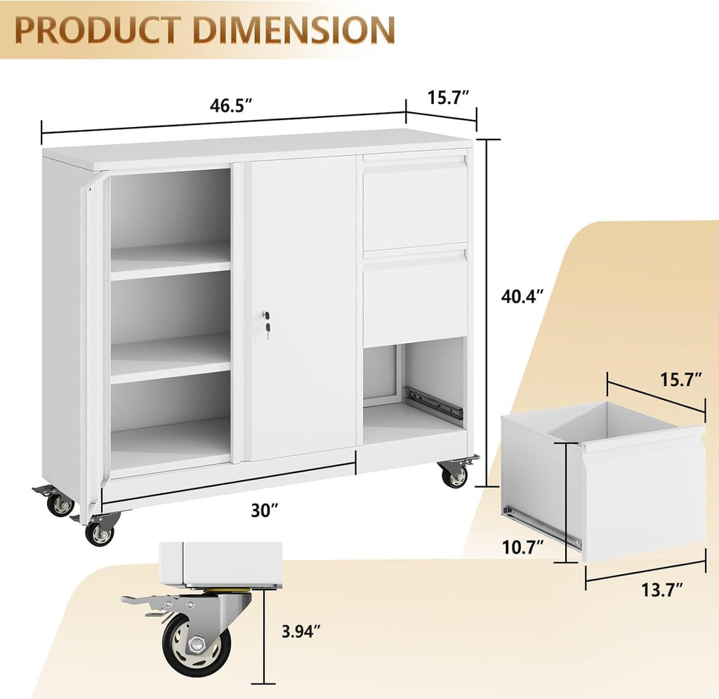 47" H 3 Drawer White Rolling Metal File Cabinet B1760