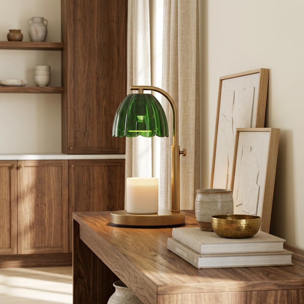 Scalloped Glass Candle Warmer Lamp with Timer, Dimmable, Adjustable Height, Gold Metal, Green K398639