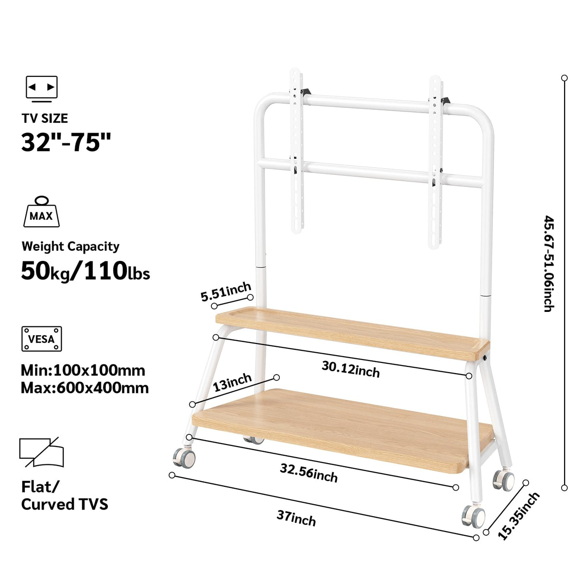 Mobile TV Stand on Wheels for 32-75 Inch TVs E6712
