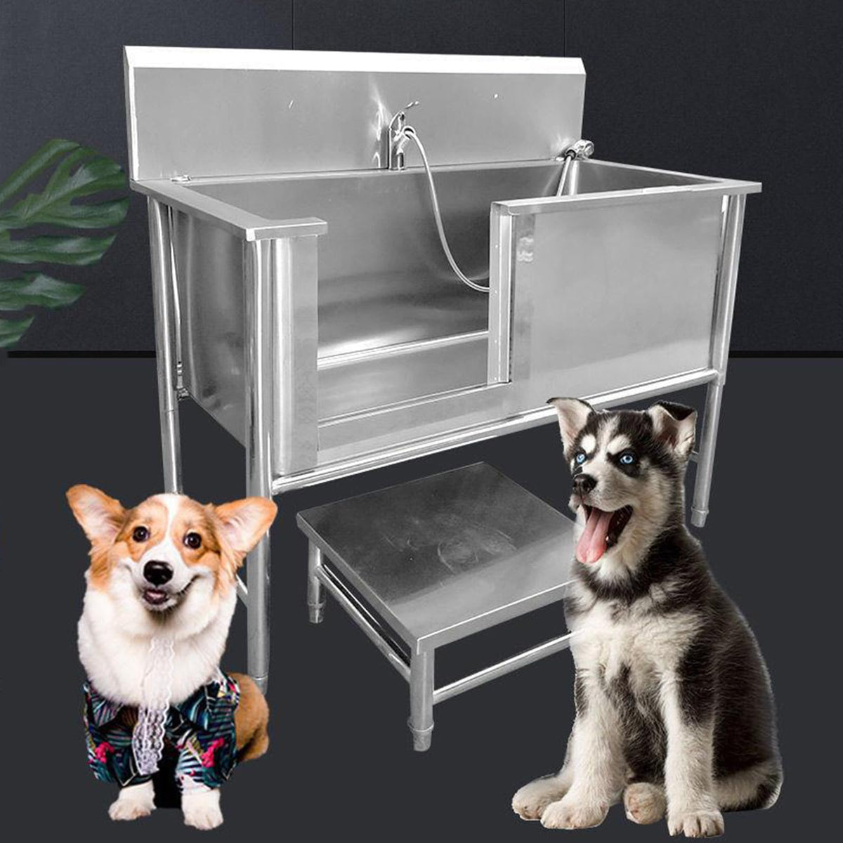 53'' Stainless Steel Pet Grooming Tub with Walk-in Stairs S206