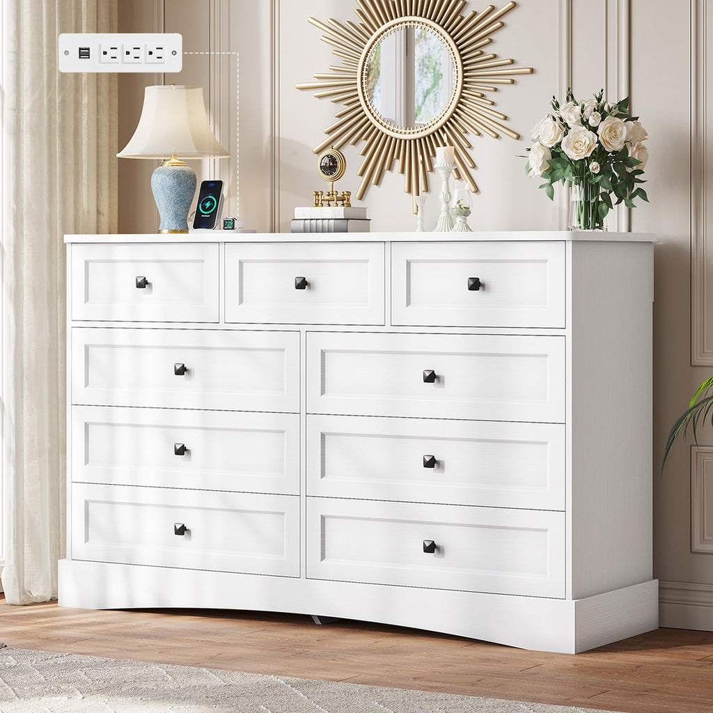 White 9 Drawer Wood Dresser with Charging Station D434172