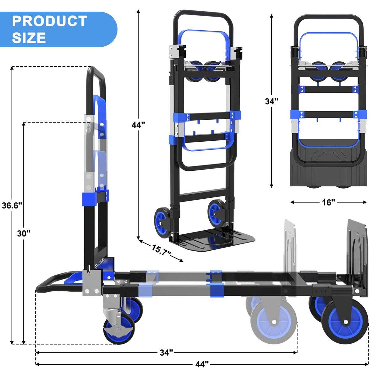 3-in-1 Folding Heavy Duty Hand Truck Dolly Cart Trolley with Wheels (Blue) P76757