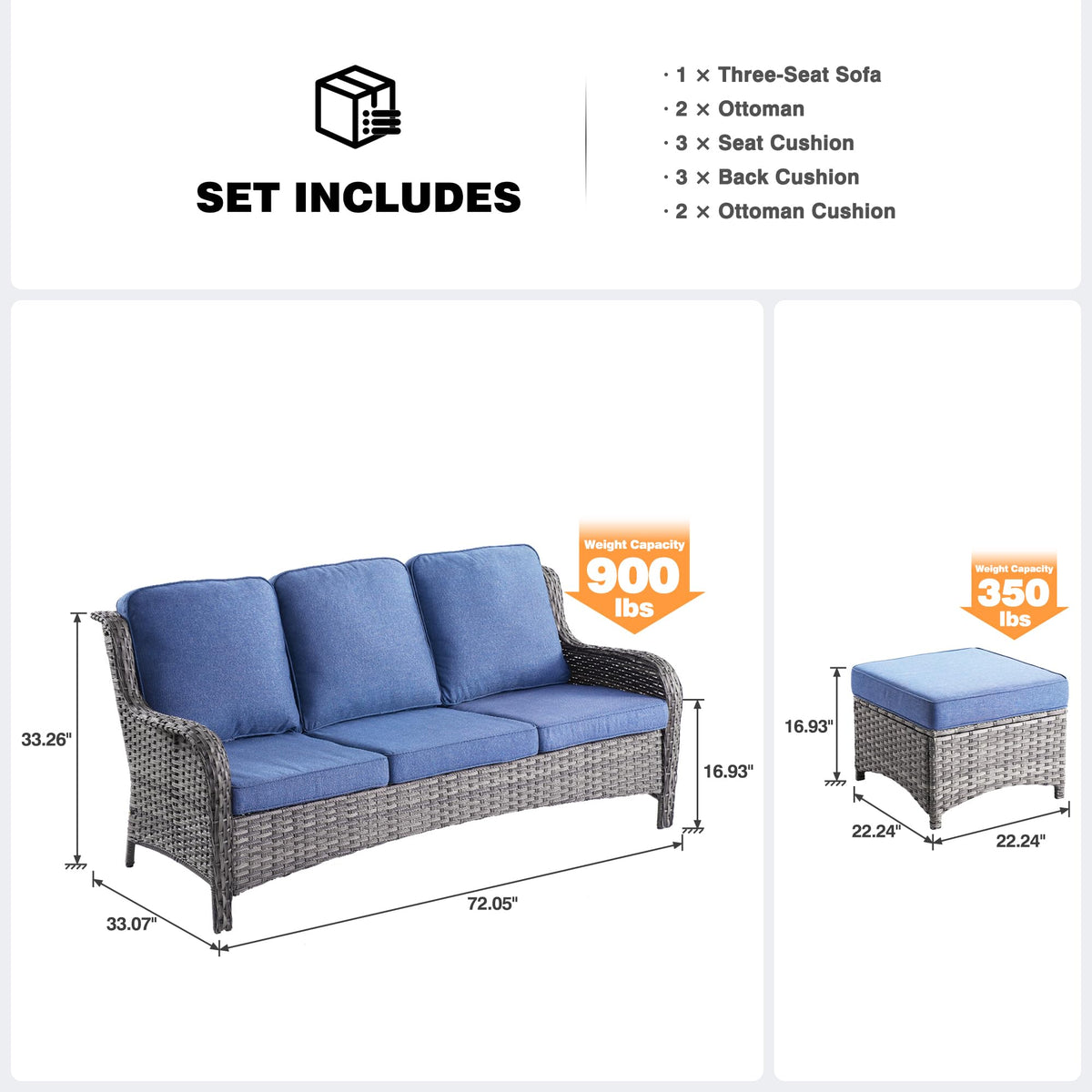 3-Pieces Outdoor Wicker Sofa with 2 Ottomans K38117