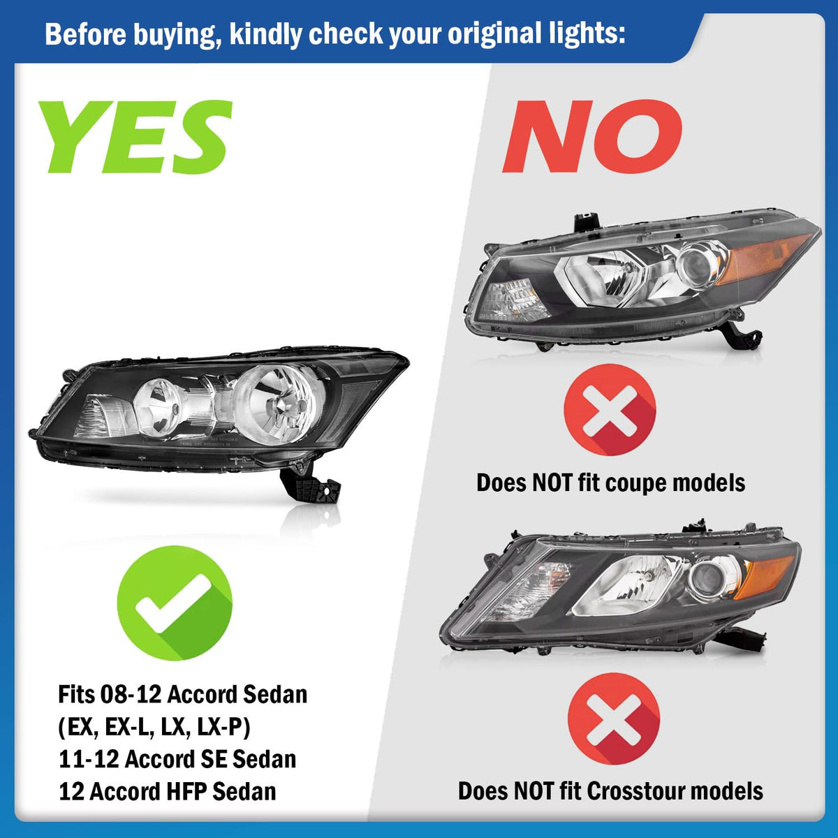 Headlights Assembly for 2008-2012 Honda Accord 4Dr Chrome Housing Q291591