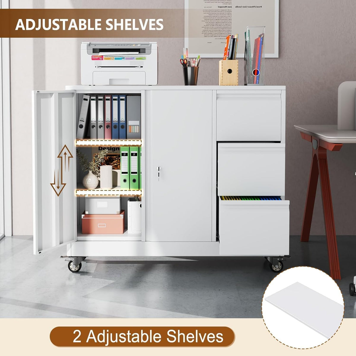 47" H 3 Drawer White Rolling Metal File Cabinet B1760