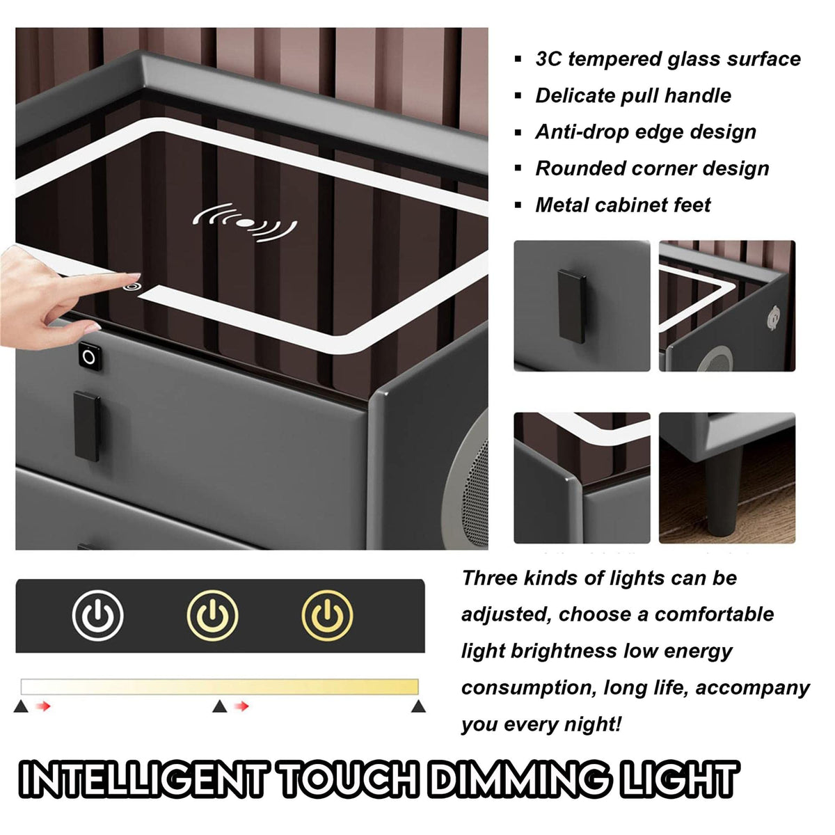 White 3 Drawer Smart Nightstand with Wireless Charging N91124