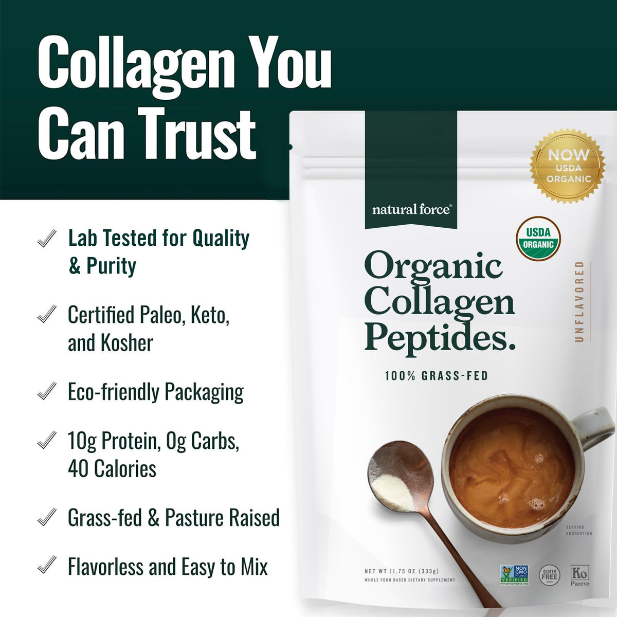 Organic Hydrolyzed Collagen Peptides Powder Unflavored 10.7oz E113
