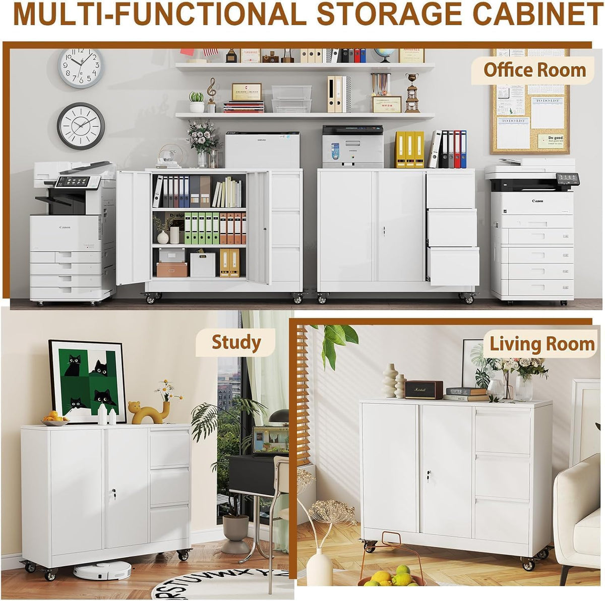 47" H 3 Drawer White Rolling Metal File Cabinet B1760