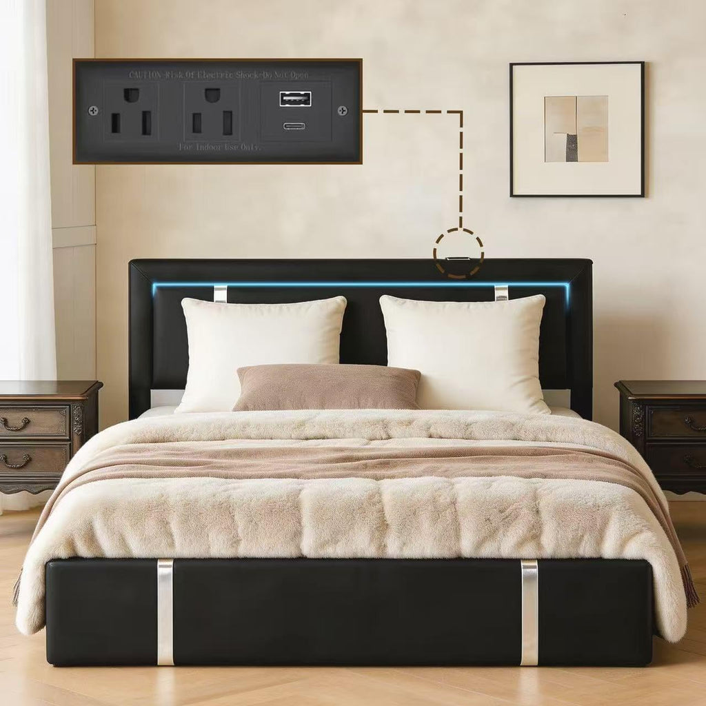 Black Faux Leather Upholstered Full Size Bed Frame with LED Headboard and USB Ports N720