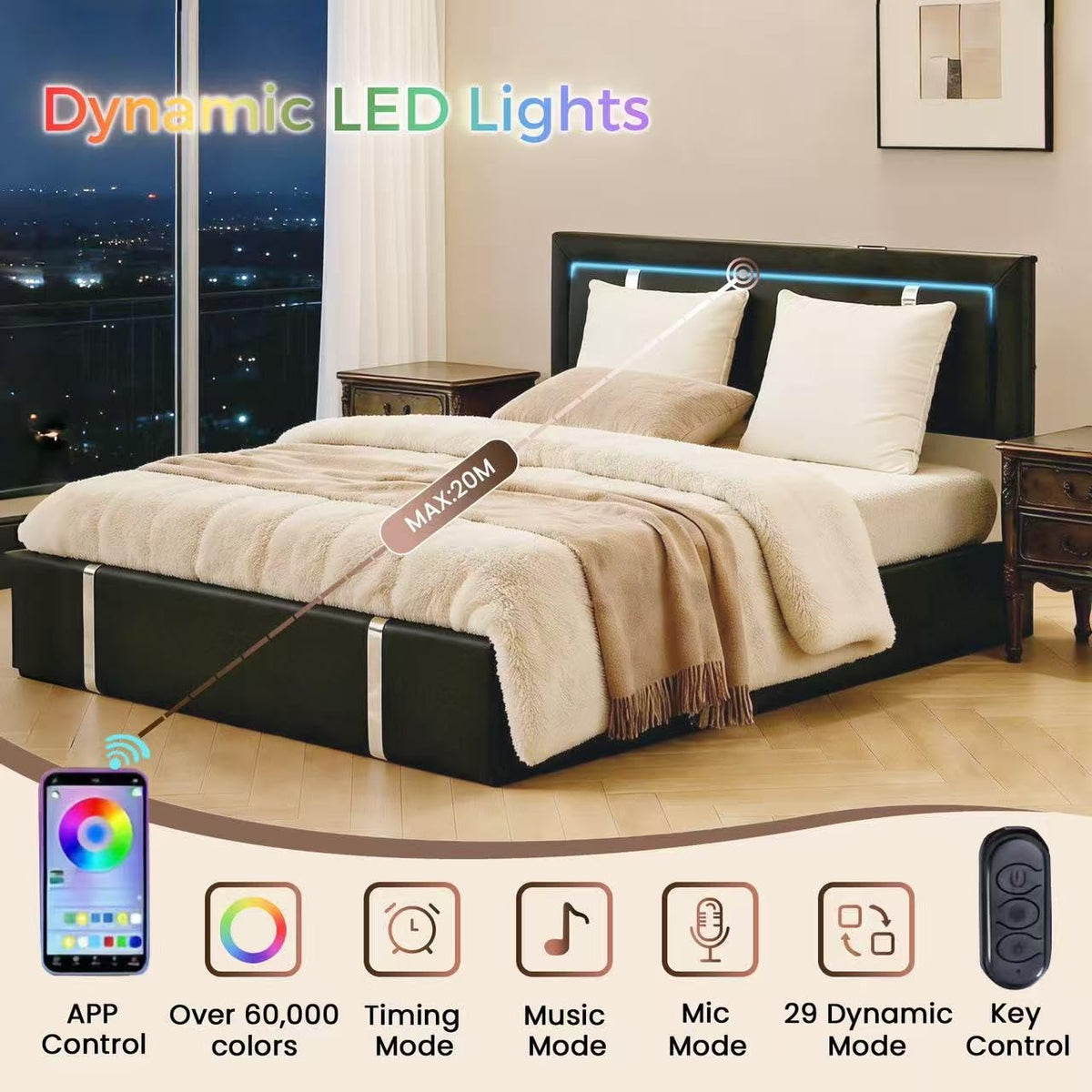 Black Faux Leather Upholstered Full Size Bed Frame with LED Headboard and USB Ports N720
