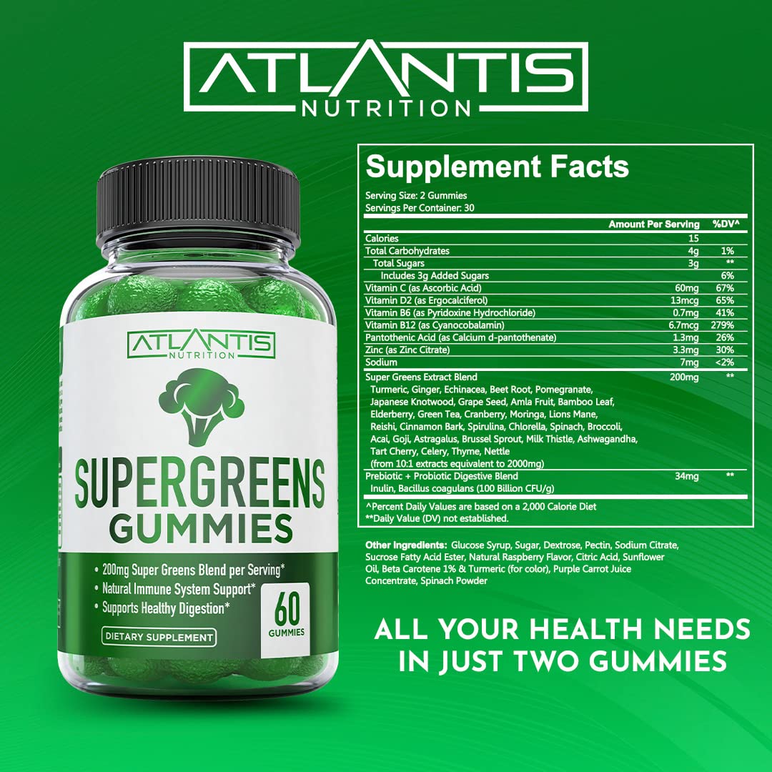Supergreens Gummies Supplement with Spinach, Broccoli, Moringa, Beet Root, Celery, Green Tea, & Acai, Natural Raspberry Flavor, 60 cnt E246999