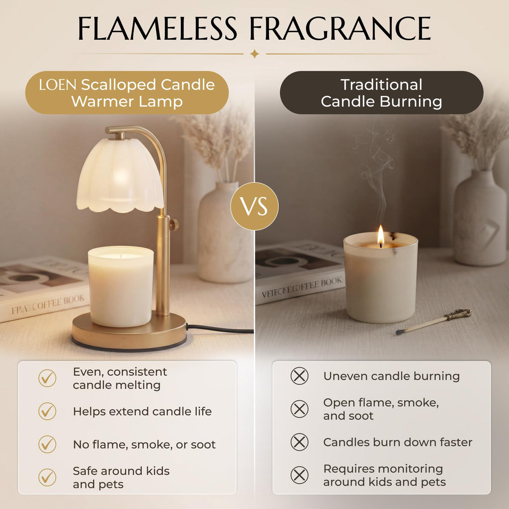 Scalloped Glass Candle Warmer Lamp with Timer, Dimmable, Adjustable Height, Gold Metal, Green K398639