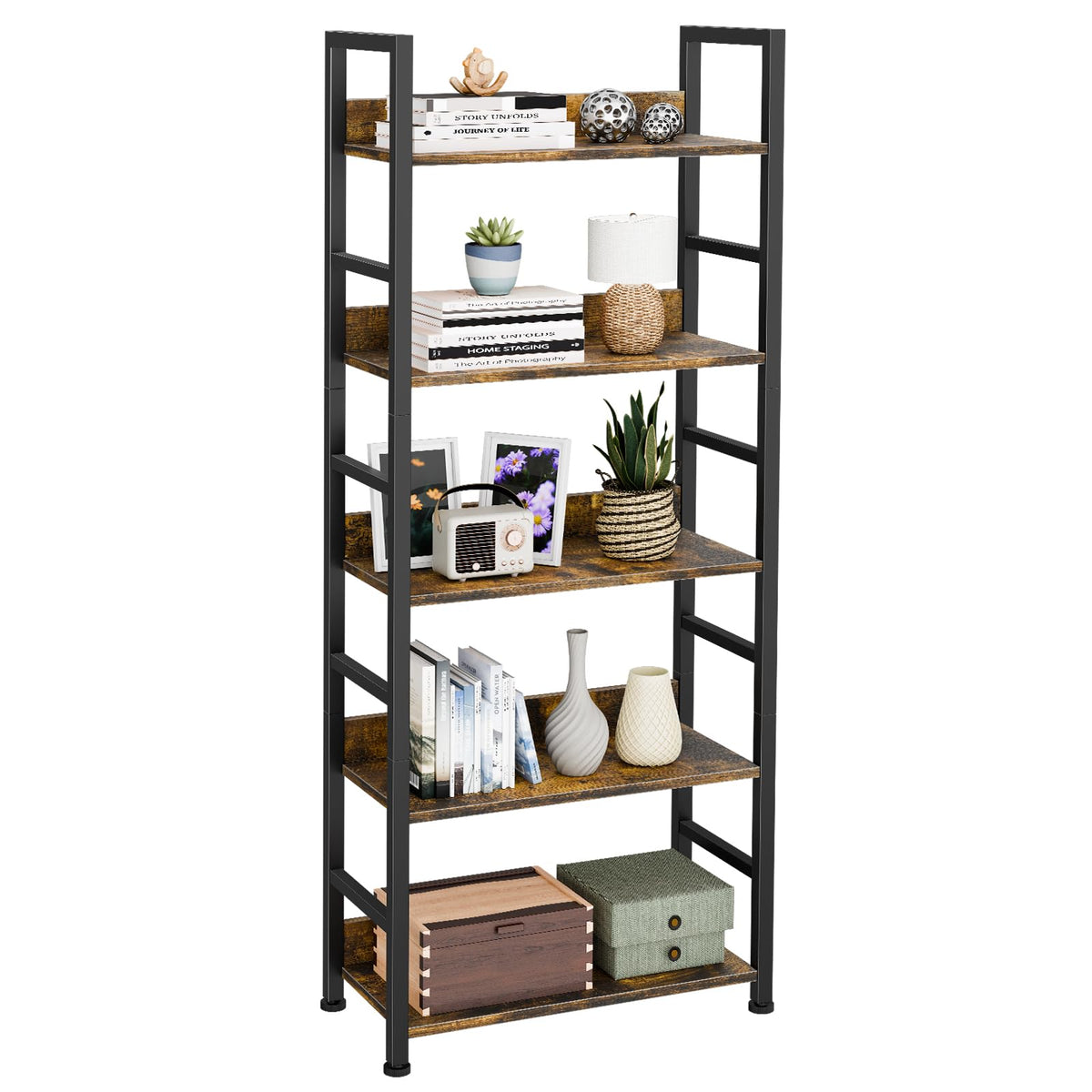 5 Tier Wood and Black Metal Bookshelf E5707