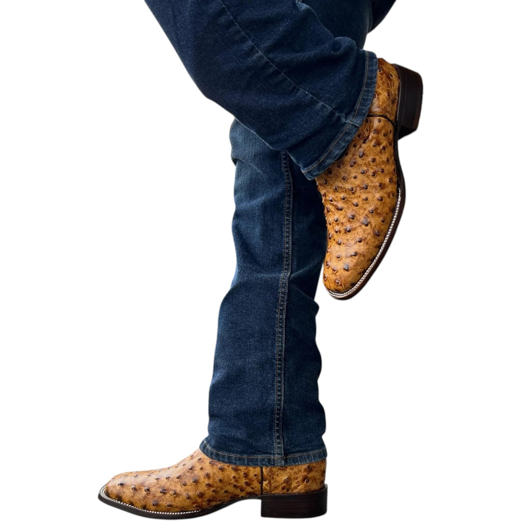 Men’s Genuine Leather Ostrich Print Square Toe Western Boots H8253