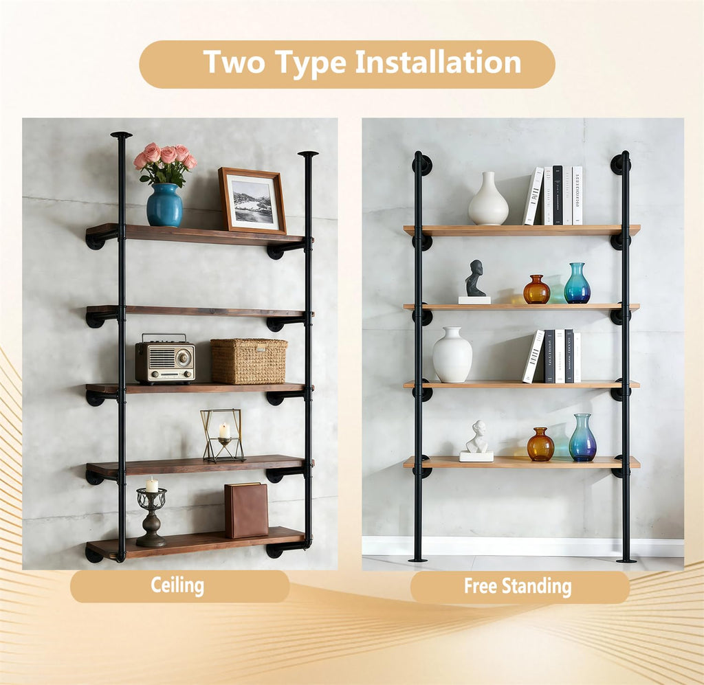 Black Iron Pipe Shelf Bracket, 2Pcs 5 Tier 68" Tall R57404