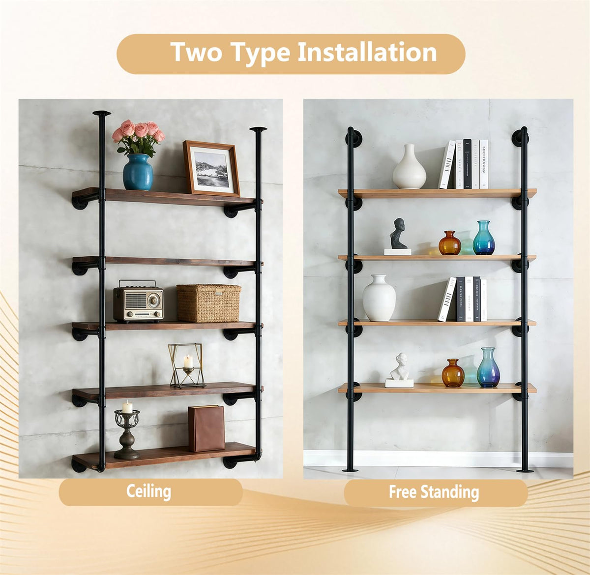 Black Iron Pipe Shelf Bracket, 2Pcs 5 Tier 68" Tall R57404
