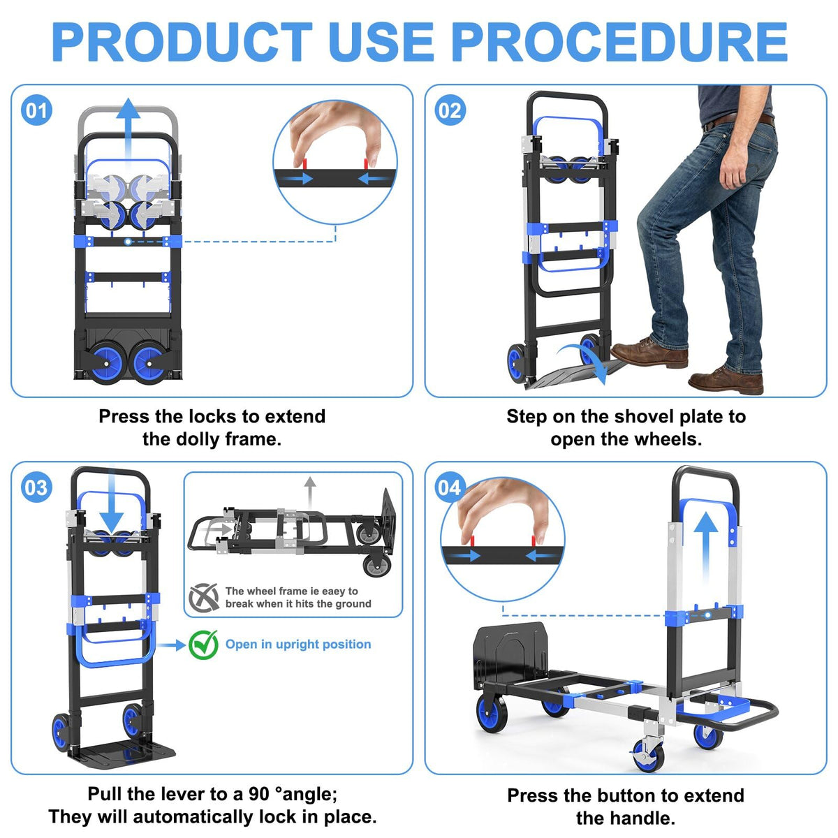 3-in-1 Folding Heavy Duty Hand Truck Dolly Cart Trolley with Wheels (Blue) P76757