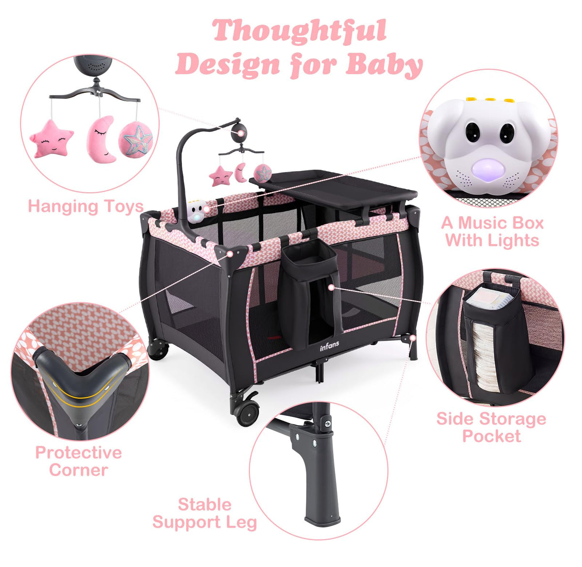 3 in 1 Pack and Play with Bassinet, Changing Table, Storage Y9821