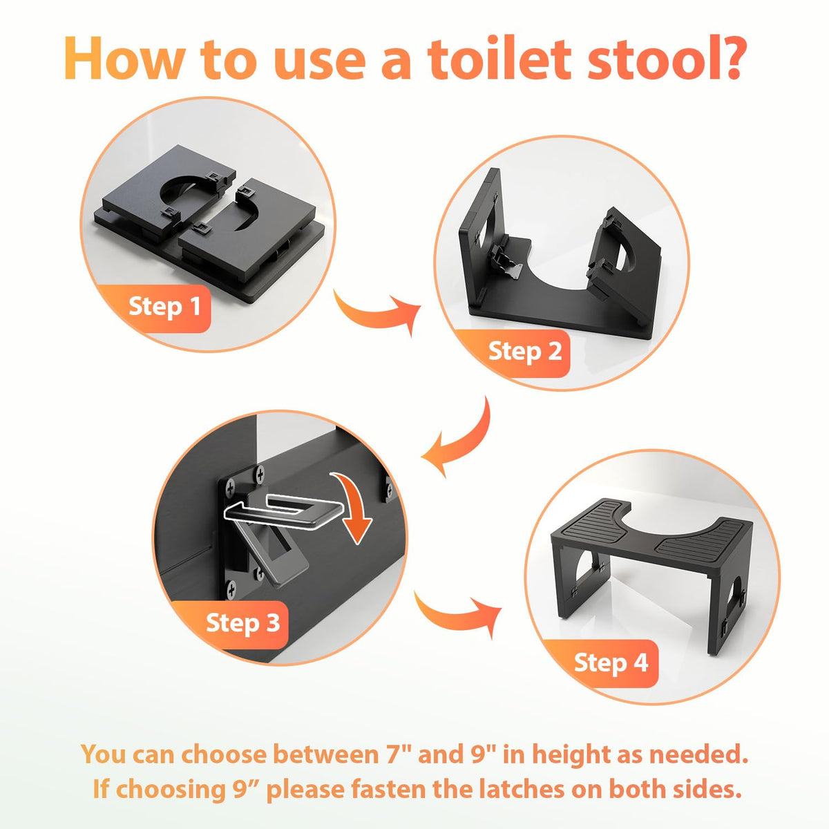 Folding Toilet Stool 7"&9" Adjustable Black K11792