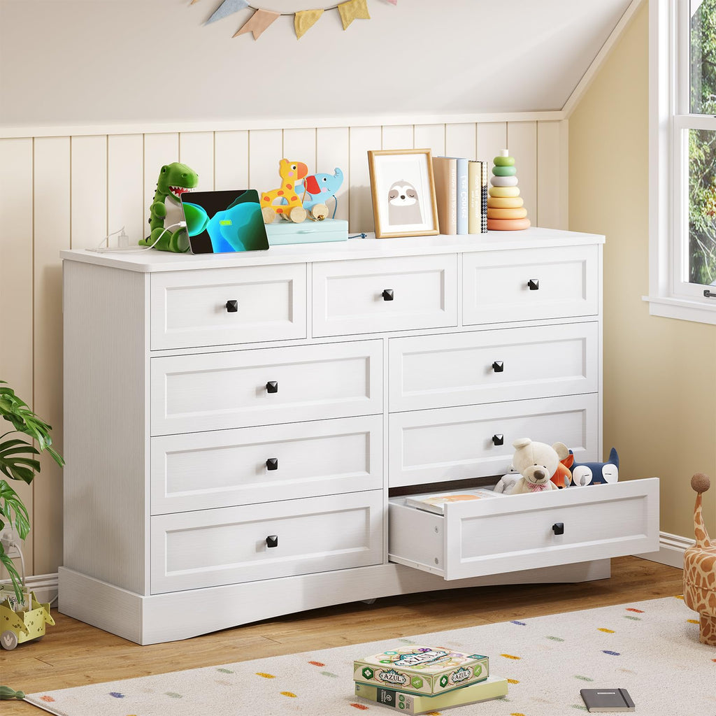 White 9 Drawer Wood Dresser with Charging Station D434172