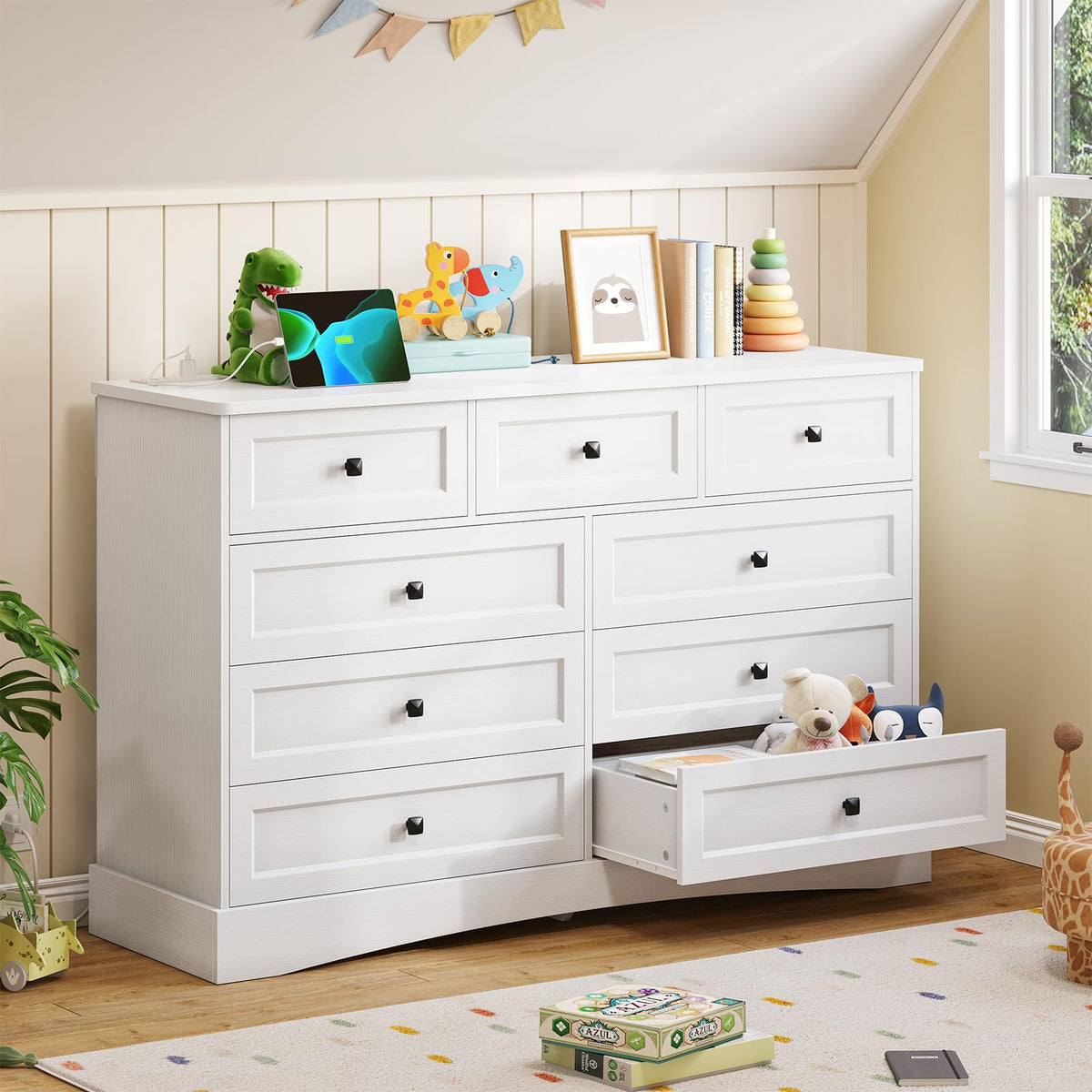 White 9 Drawer Wood Dresser with Charging Station D434172