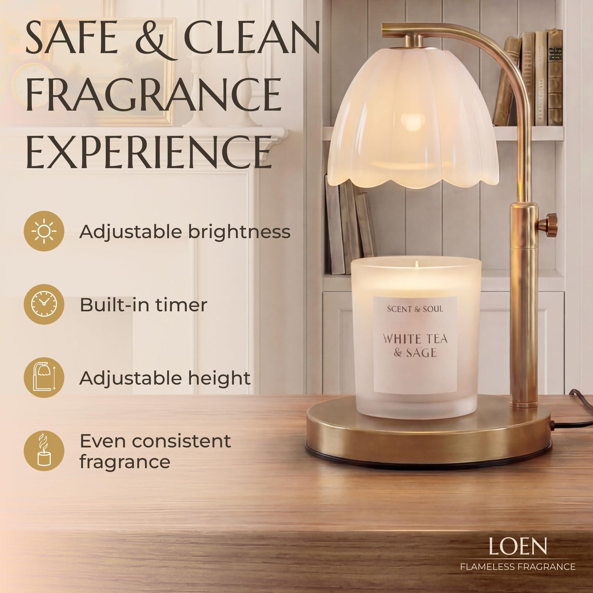 Scalloped Glass Candle Warmer Lamp with Timer, Dimmable, Adjustable Height, Gold Metal, Green K398639