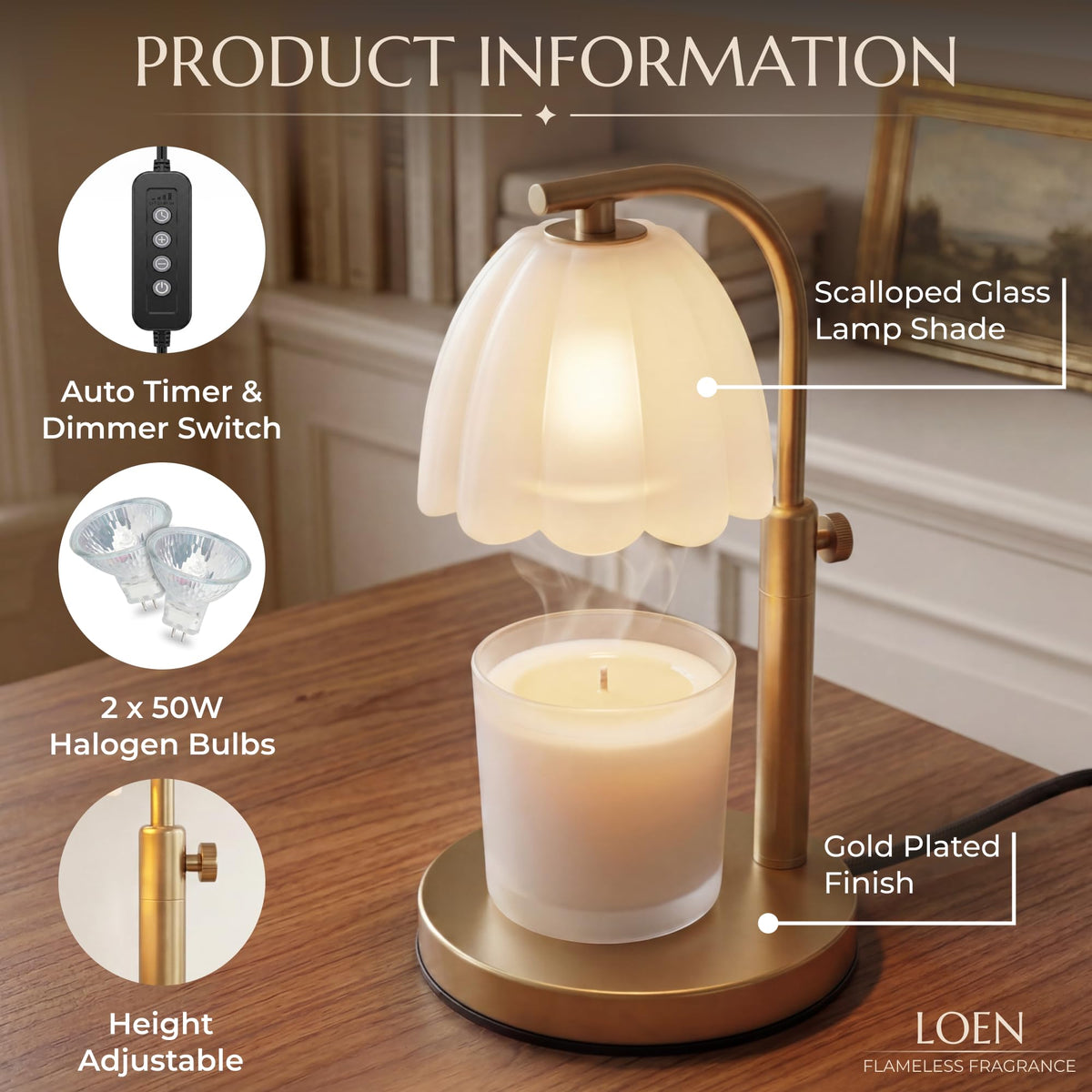 Scalloped Glass Candle Warmer Lamp with Timer, Dimmable, Adjustable Height, Gold Metal, Green K398639