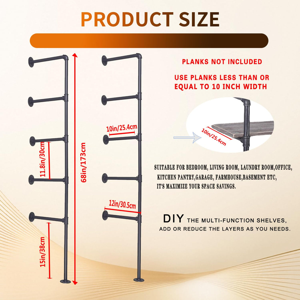 Black Iron Pipe Shelf Bracket, 2Pcs 5 Tier 68" Tall R57404