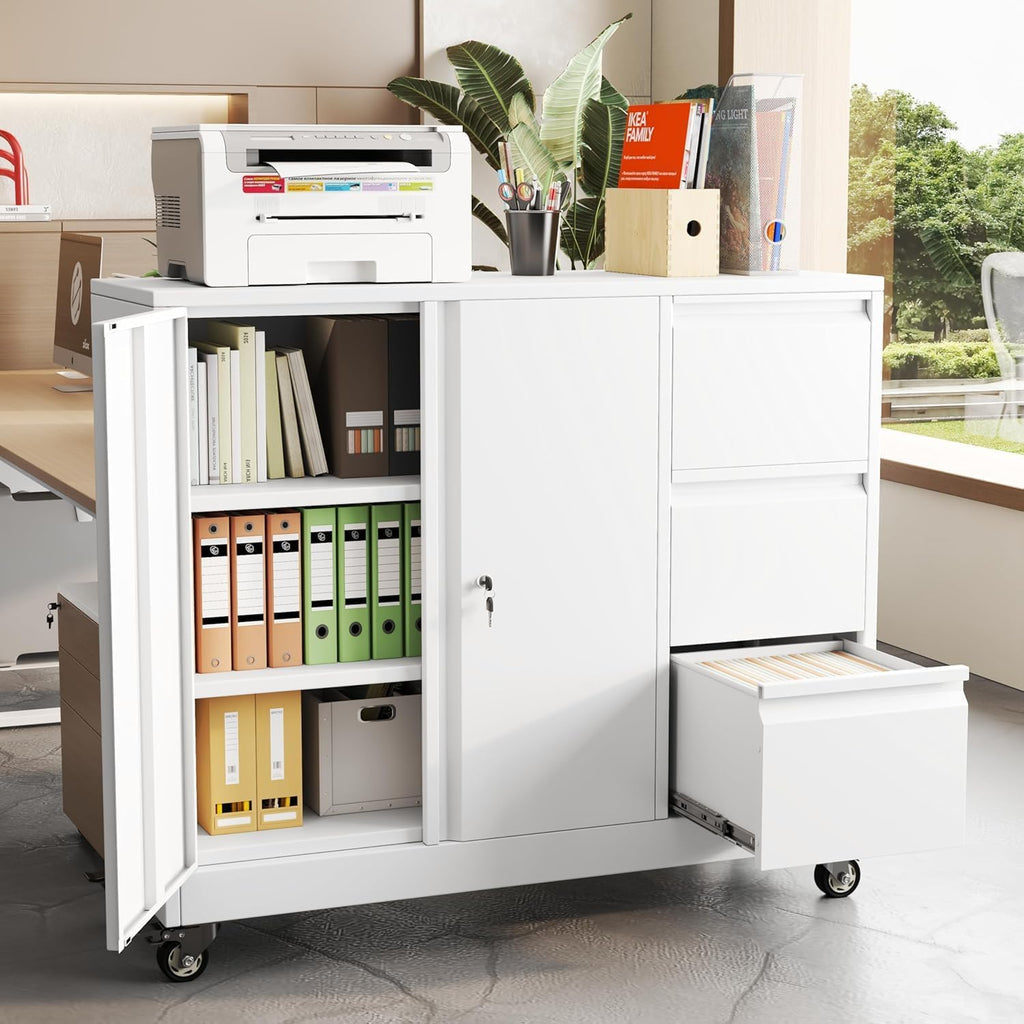 47" H 3 Drawer White Rolling Metal File Cabinet B1760