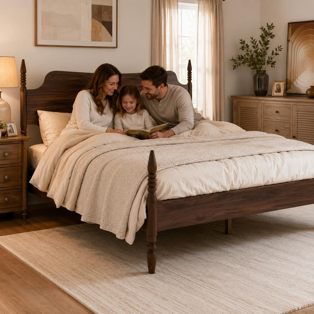 King Size Wood Platform Bed Frame with Curved Headboard D62716