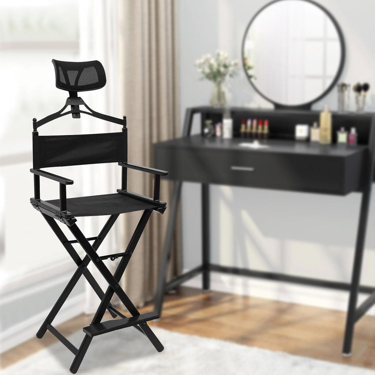 Extra Tall Foldable Makeup Artist Stool Chair with Head Rest T7587