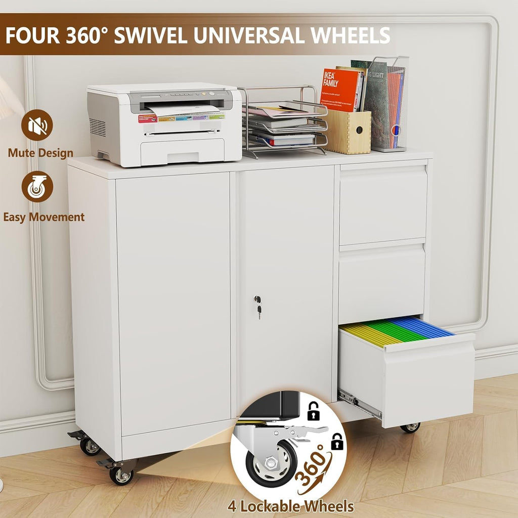47" H 3 Drawer White Rolling Metal File Cabinet B1760