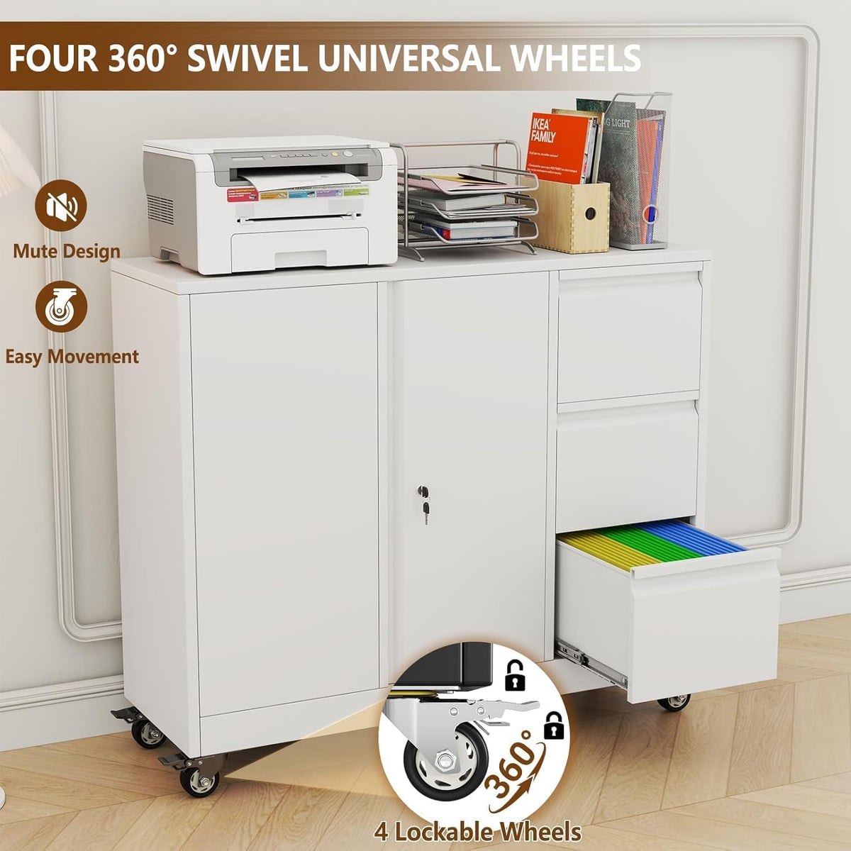 47" H 3 Drawer White Rolling Metal File Cabinet B1760