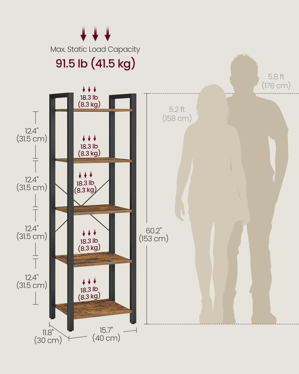 5-Tier Bookshelf with Steel Frame E46578