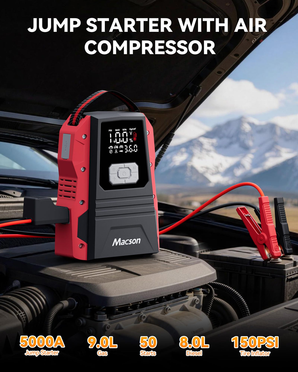 Portable 12V Jump Starter with Air Compressor and 150PSI Tire Inflator A5823