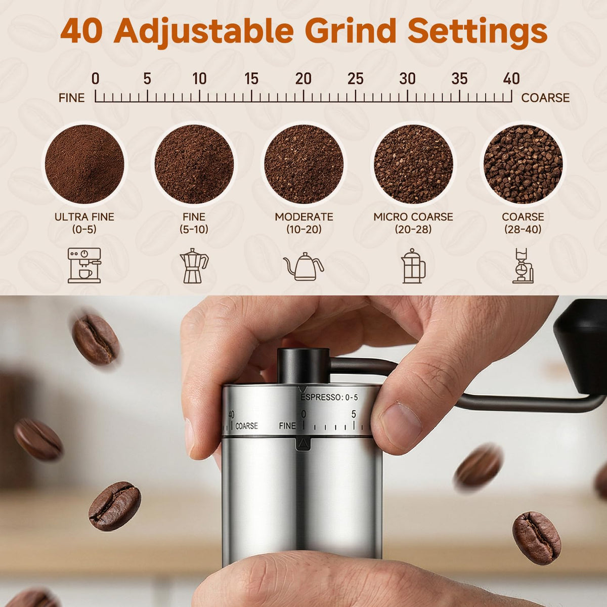 Manual Stainless Steel Conical Burr Coffee Grinder with Hand Crank G194361