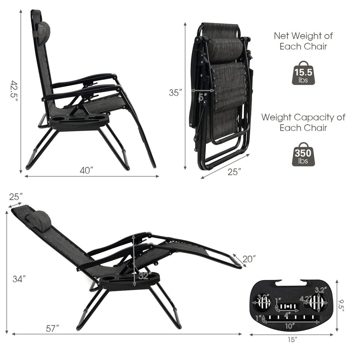Zero Gravity Lounge Chairs Set of 2 Gray O369278