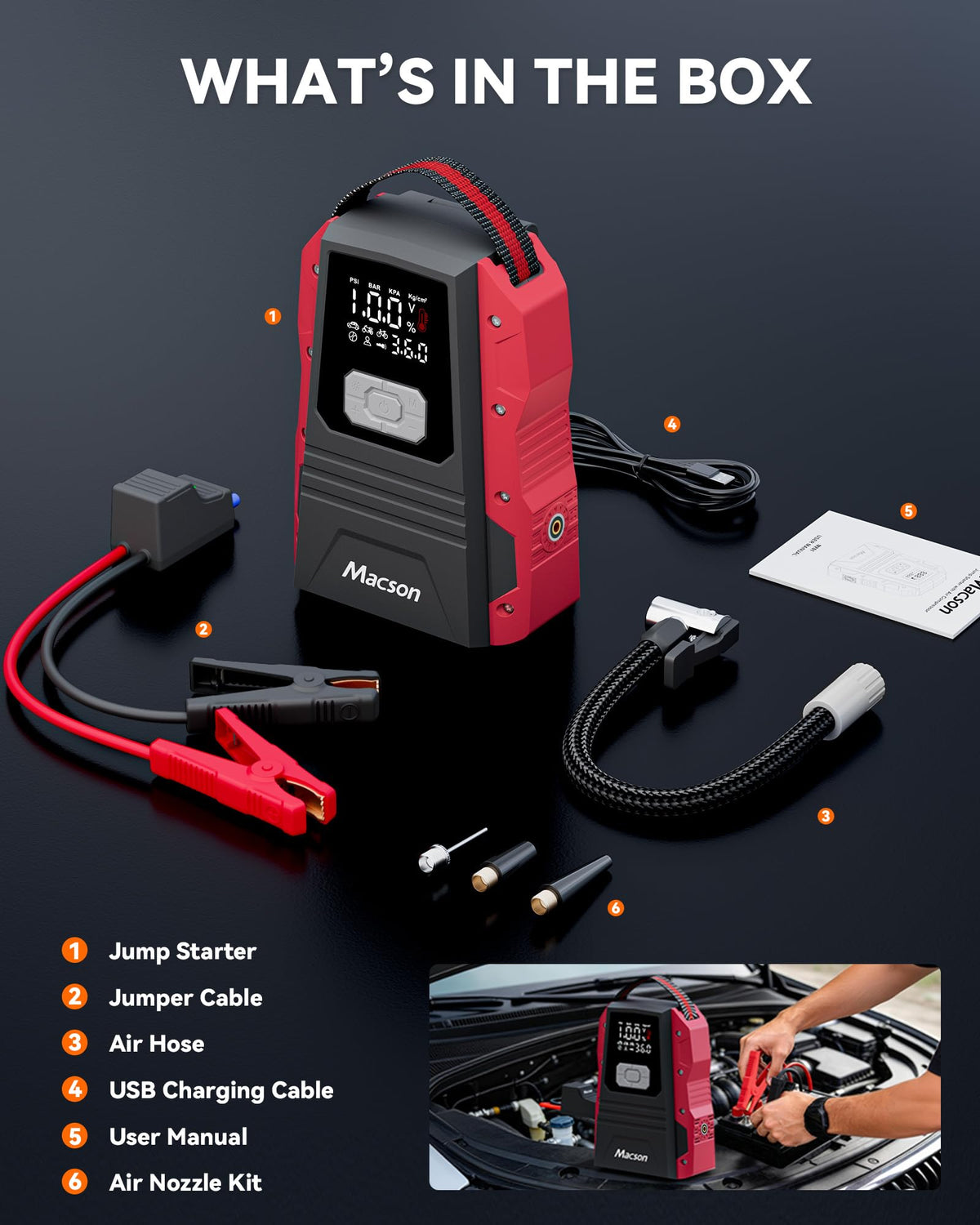 Portable 12V Jump Starter with Air Compressor and 150PSI Tire Inflator A5823