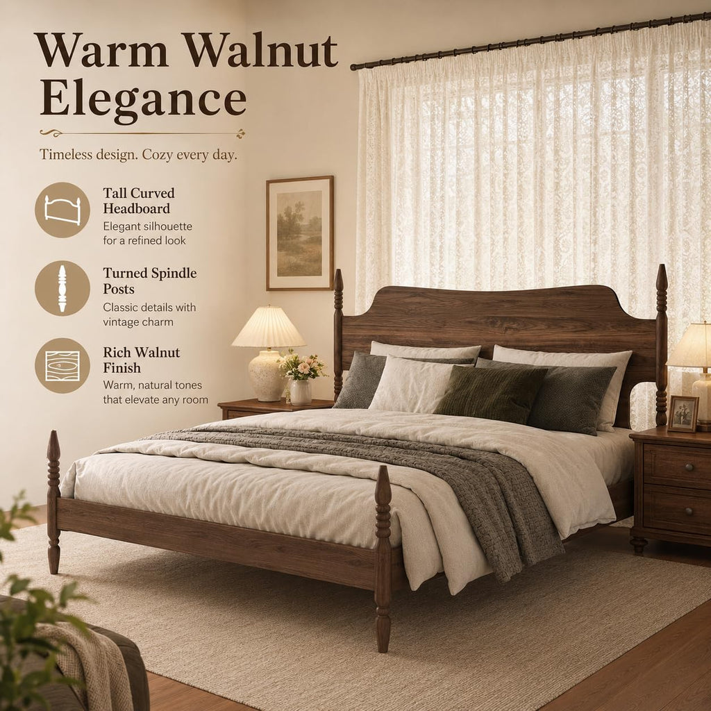 King Size Wood Platform Bed Frame with Curved Headboard D62716
