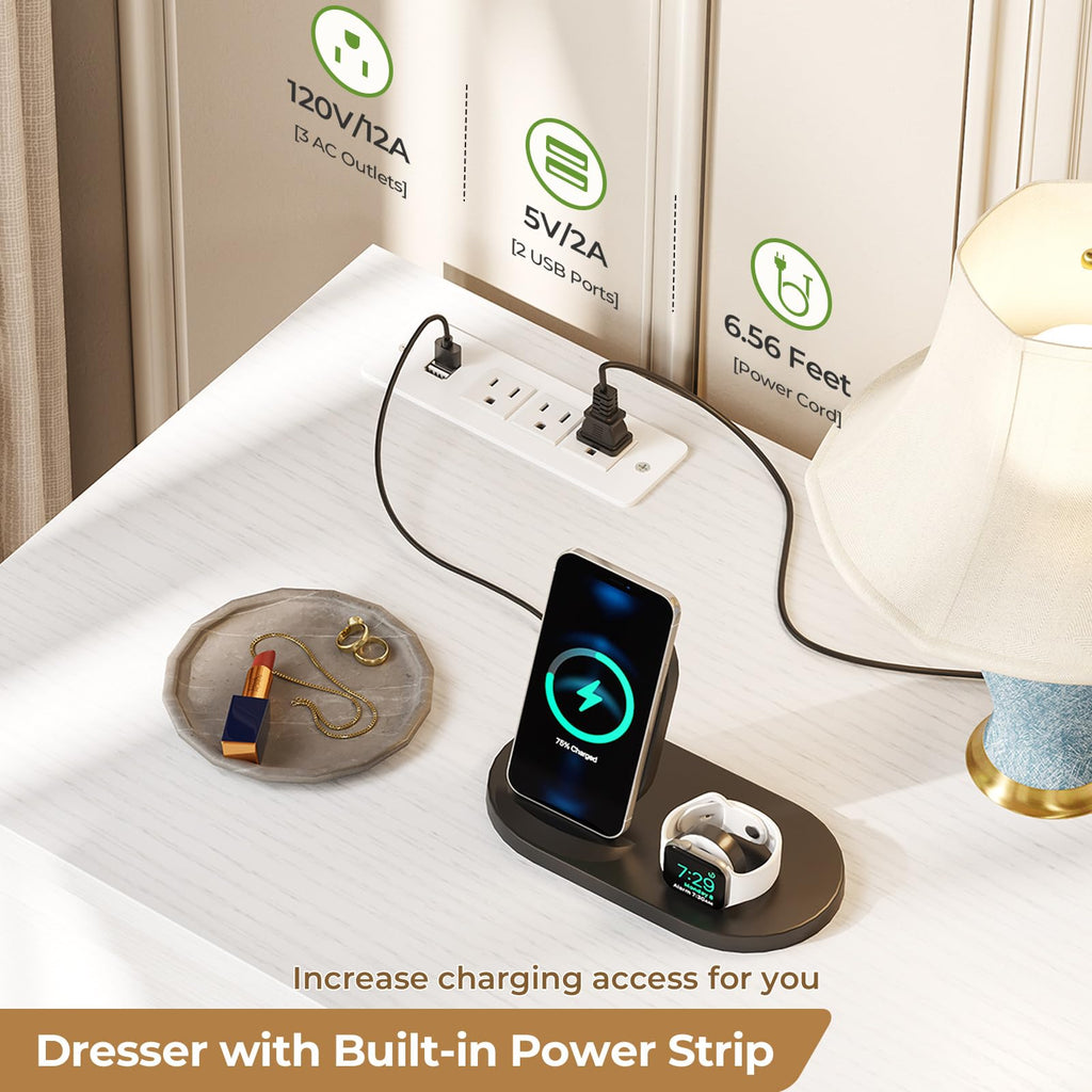 White 9 Drawer Wood Dresser with Charging Station D434172