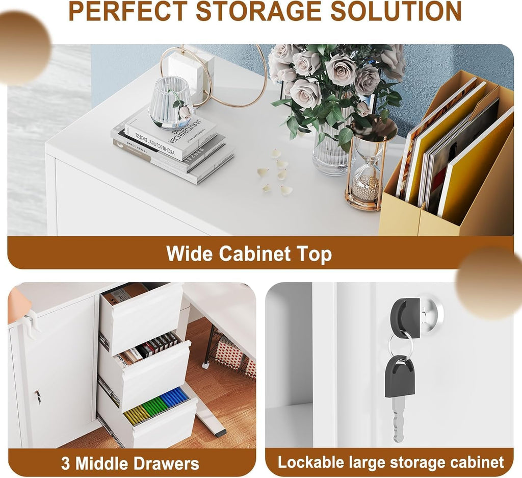 47" H 3 Drawer White Rolling Metal File Cabinet B1760