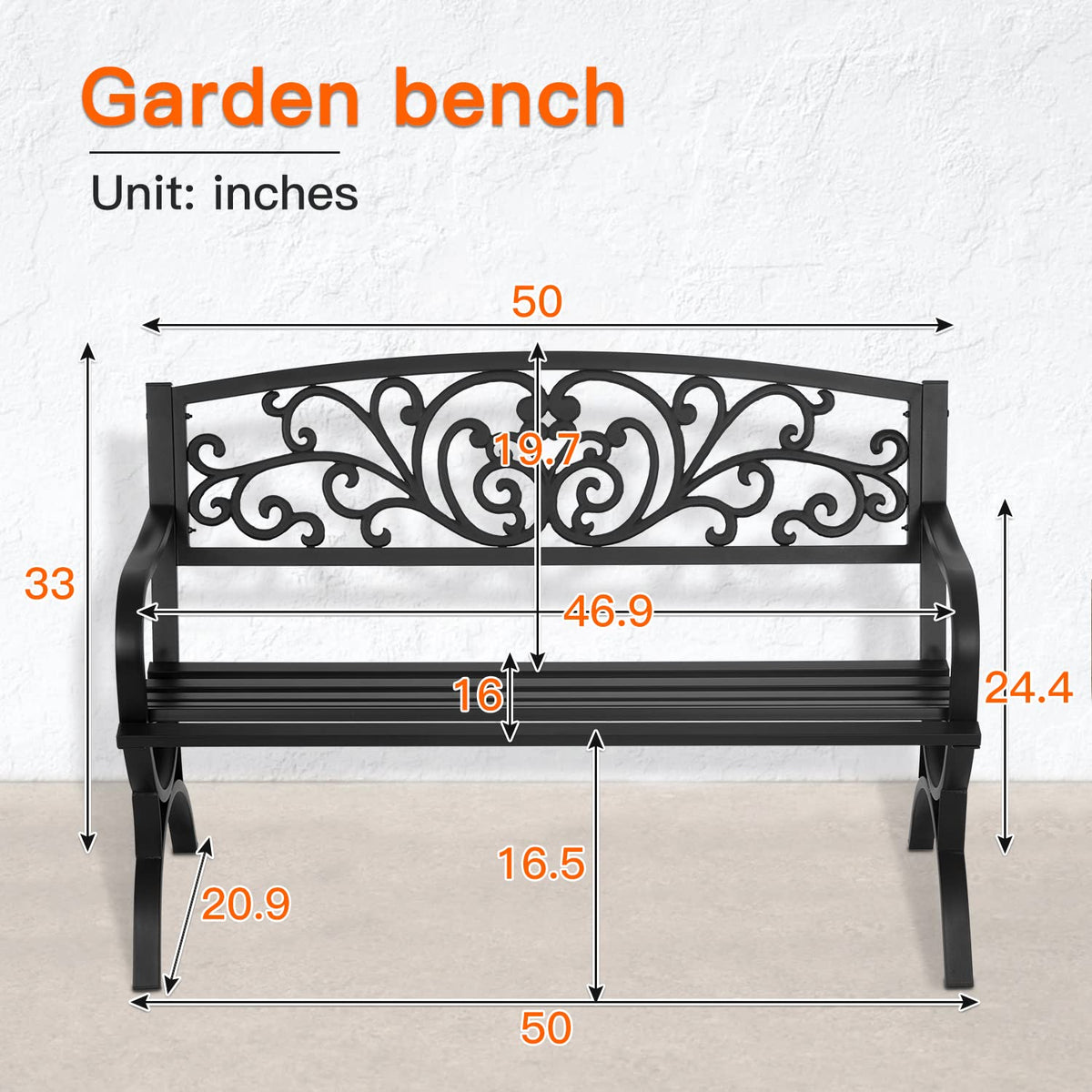 50 inch Black Metal Patio Garden Bench with Armrests W236182