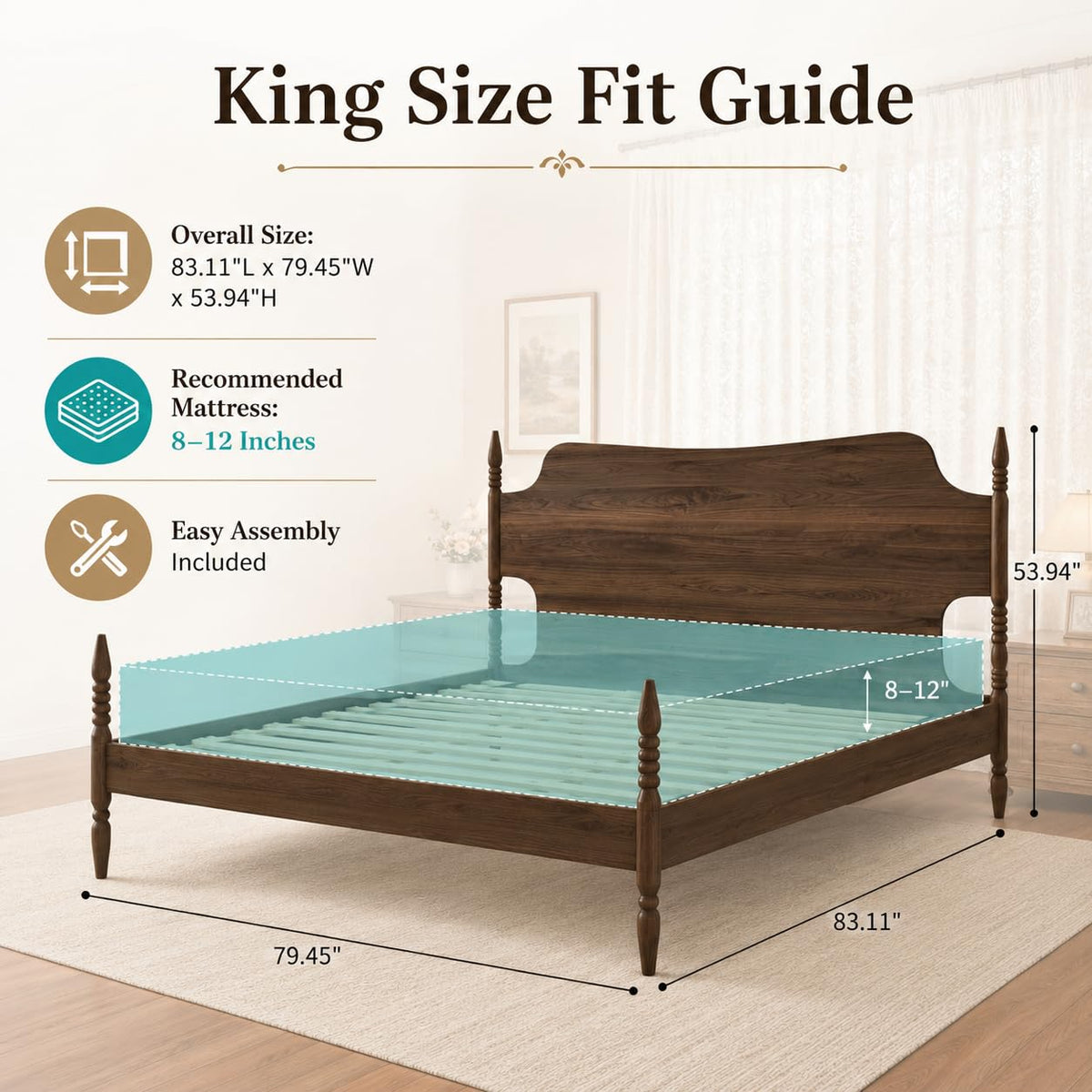 King Size Wood Platform Bed Frame with Curved Headboard D62716